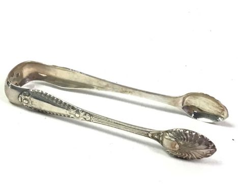 SET OF SIX SCOTTISH VICTORIAN SILVER TEASPOONS, AND SUGAR TONGS the handles with gadrooned borders, Glasgow marks, also inclu
