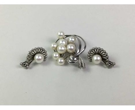 SILVER AND CULTURED PEARL BROOCH, along with earrings