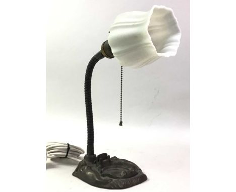 ART NOUVEAU TABLE LAMP, with mermaids and wave decoration and glass shade
