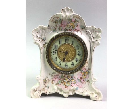 VICTORIAN CERAMIC MANTEL CLOCK, white enamel Arabic numeral dial21cm high
