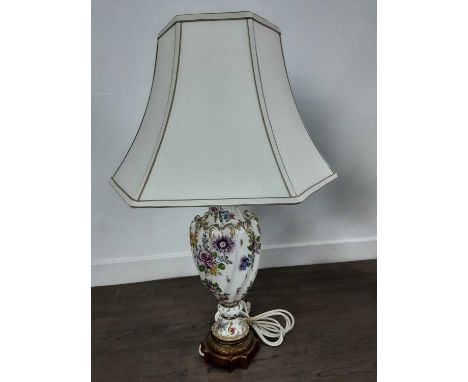 PAIR OF CERAMIC FLORAL DECORATED TABLE LAMPS, on gilt bases, with shades49cm highQty: 2