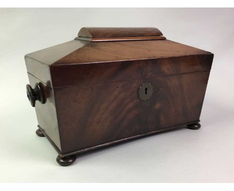 MAHOGANY TEA CADDY, 19TH CENTURY of sarcophagus form, with twin canisters and glass mixing bowl33cm wide