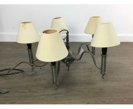 CAST METAL FIVE LIGHT CHANDELIER, with cream light shades50cm diameter 