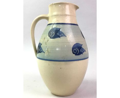 HOLKHAM POTTERY JUG, AND A SILVER PLATED TEA SERVICE the jug decorated with fish