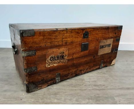 VINTAGE TRAVEL TRUNK, brass mounted, with cabin stickers 33cm high, 74cm wide, 38cm deep