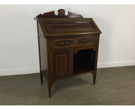 EDWARDIAN INLAID MAHOGANY WRITING DESK, WITH SHAPED BACK two drawers over cupboard and open shelf on square tapering legs102c