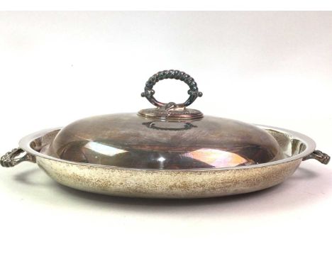 COLLECTION OF SILVER PLATE, ALONG WITH BRASS WARE the silver plate comprising three graduated entree dishes, a coffee pot, cr