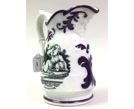VICTORIAN 1851 EXHIBITION TRANSFER JUG, ALONG WITH A RELIGIOUS MOTTO PLATE also a Spode tobacco leaf dish, cabinet cup and sa