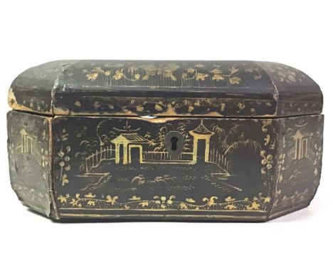 CHINESE BLACK LACQUERED CHINOISERIE JEWELLERY BOX, 19TH CENTURY the lidded top decorated with a figural scene, above the main