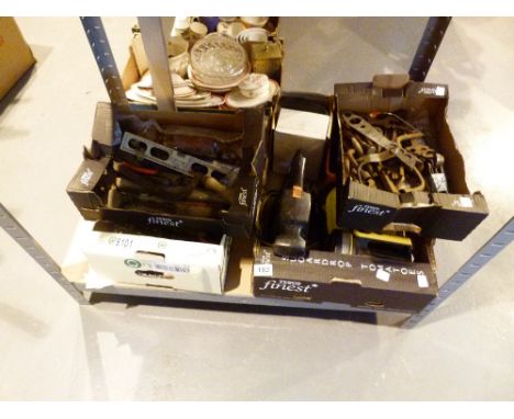 Four boxes of mixed tools including spanners and decorating equipment etc