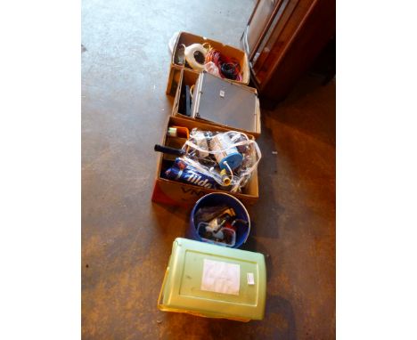 Five boxes of mixed tools, cable and etc