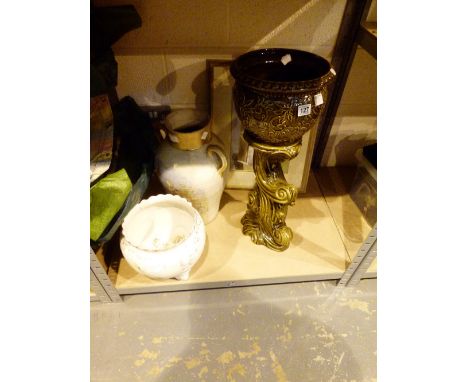 Shelf of mixed ceramic pots including a jardiniere 