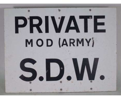 A mid-20th century metal Army sign, 'Private M.O.D (army) S.D.W', 51cm wide x 38cm high. 