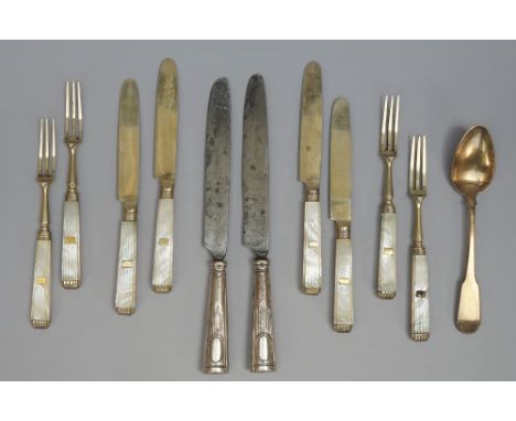 A group of European table flatware, comprising; six table knives, having steel blades and with loaded handles, twenty-four de