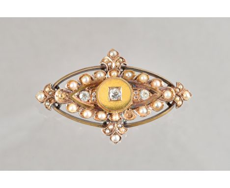 A late Victorian gold, diamond and half pearl set brooch, of shaped oval form, mounted with the principal cushion shaped diam