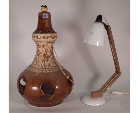 A West German brown glaze ceramic table lamp, 52cm high, and a white enamel angle poise desk lamp, 44cm high, (2). 