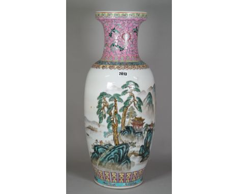 A tall Chinese famille-rose baluster vase, decorated with two figures standing in an extensive river landscape, the reverse w