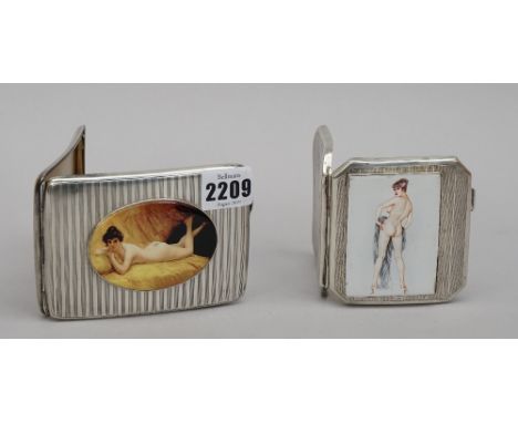 A silver curved rectangular cigarette case, the lid later applied with an oval enamelled panel depicting the reclining figure