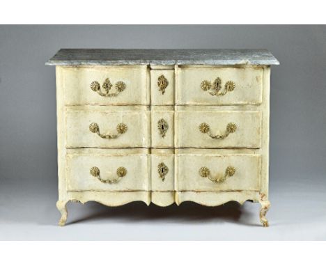 An 18th century continental commode, the shaped marble top over a later painted base of two short and two long drawers on squ