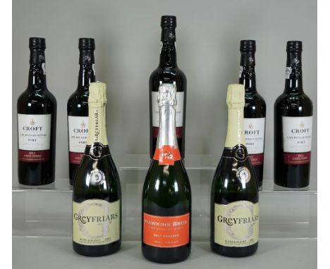 Five bottles of 2011 Croft late bottled vintage port, two Greyfriars Brut sparkling wine and a Hawkins Bros fine English wine