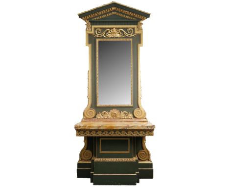 A pair of Kention style parcel gilt and green painted Sienna marble top console tables with mirror ensuite, the consoles 122c