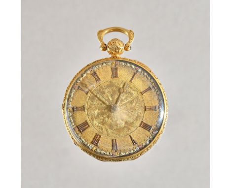 An 18ct gold cased, key wind, openfaced pocket watch, the gilt fusee movement with a lever escapement, detailed to the backpl