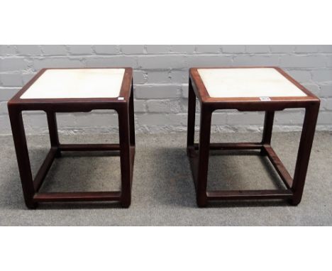 A pair of late 19th/early 20th century Chinese hardwood square occasional tables, with marble inset tops, 39cm wide x 43cm hi