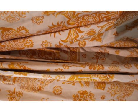 Two pairs of lined and interlined cream curtains with a yellow floral pattern, the larger 110cm wide x 290cm long, the other 