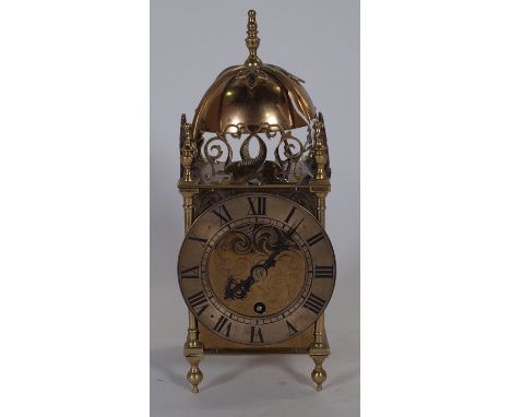 A 17th century style brass lantern clock, early 20th century of typical form, 28cm high, (key).