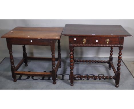 A 17th century and later oak single drawer side table on bobbin turned supports, 77cm wide x 69cm high, and an 18th century a