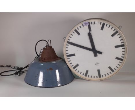 Burk, circa 1970s a double sided train station clock, 41cm wide, a 20th century Russian blue enamel hanging ceiling light, 36