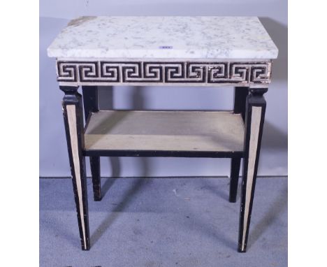 A 20th century marble topped rectangular side table with green key border decoration on tapering square supports, 53cm wide x
