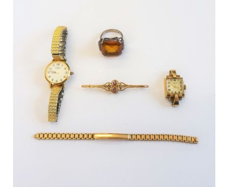 A gold, amethyst and seed pearl bar brooch, a J.W. Benson, London 9ct gold cased lady's wristwatch, with a 9ct gold bracelet 