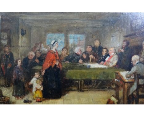 Follower of David Wilkie, Mother and children before the bench, oil sketch on board, 20cm x 31cm.