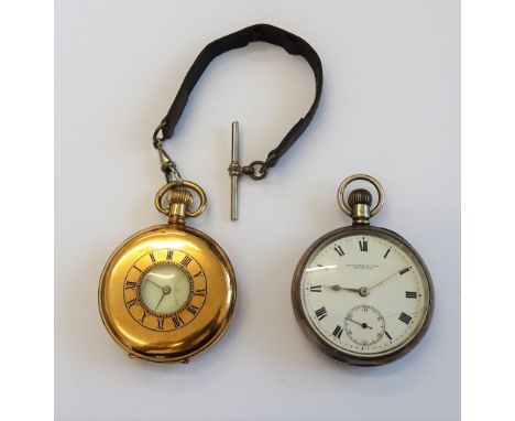 A gilt metal cased, keyless wind, half hunting cased gentleman's pocket watch, the jewelled precision lever movement detailed