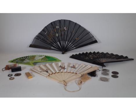 Collectables comprising; four fans, a lighter, a small clock, coins, medals and sundry.