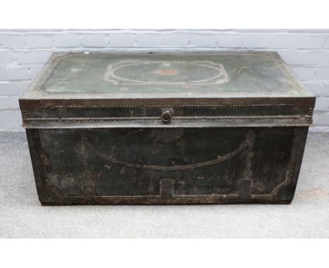 A 19th century rectangular brass studded, leather veneered, camphor wood trunk, 96cm wide x 46cm high.