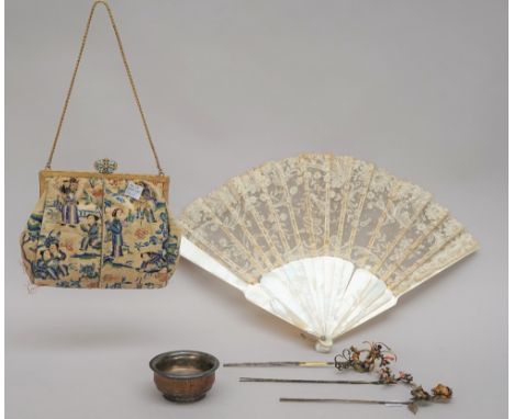 A small Chinese silver-mounted wood mazer, late 19th/20th century, stamped marks, 7.5cm. diameter; also three parcel-gilt and