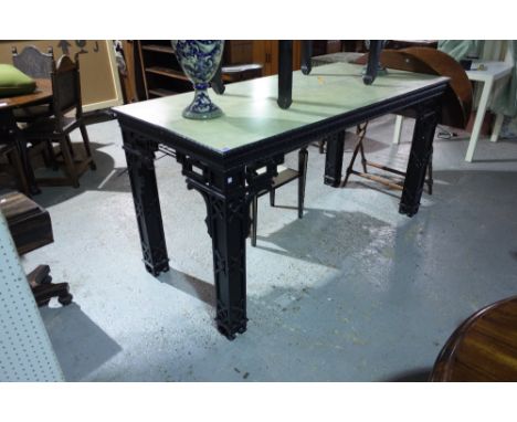 A pair of 18th century style ebonised console tables, with blind fret decoration and egg and dart frieze, 176cm wide x 92cm h