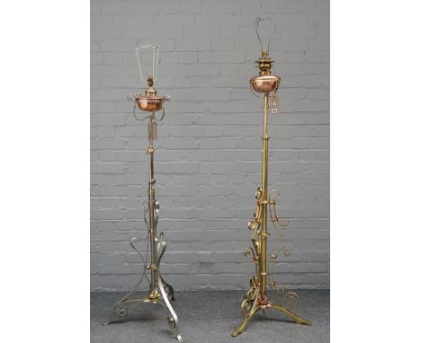 A W.A.S. Benson style brass and copper mounted adjustable oil lamp (converted), with Messenger oil burner and scroll work bod