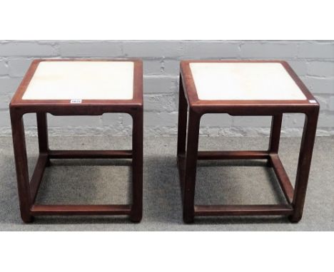 A pair of late 19th/early 20th century Chinese hardwood square occasional tables, with marble inset tops, 39cm wide x 43cm hi