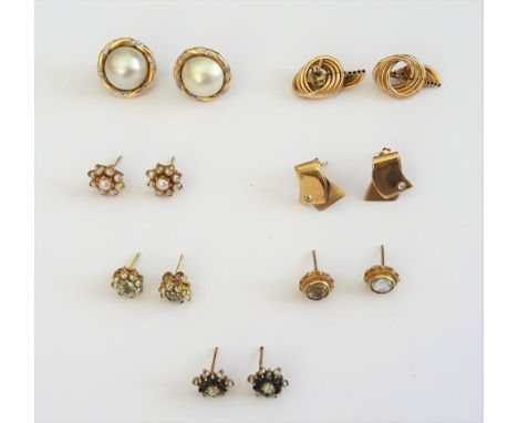 A pair of 9ct gold earstuds, each in an interwoven wirework design, a pair of 9ct gold and cultured pearl cluster earstuds, a