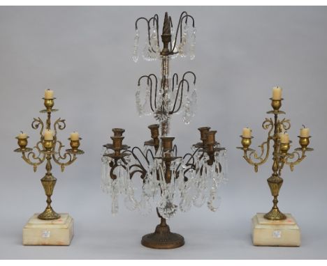 A modern six light centrepiece candelabra, gilt metal and glass on a fluted circular foot, 60cm high, and a pair of French gi