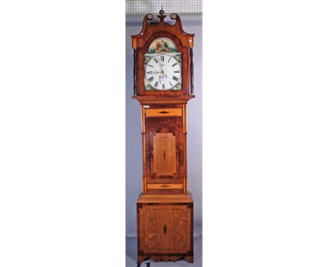 J Bate Whitby; a late 19th century 30 hour longcase clock, the painted arch top dial with crescent seconds aperture, over a w