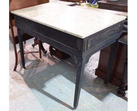 A 19th century marble topped rectangular centre table on an ebonised base with tapering supports, 108cm wide x 88cm high.  Pr