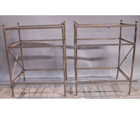 A pair of Regency style chrome three tier side tables, lacking glass tops, 50cm wide x 67cm high. Provenance; property from t