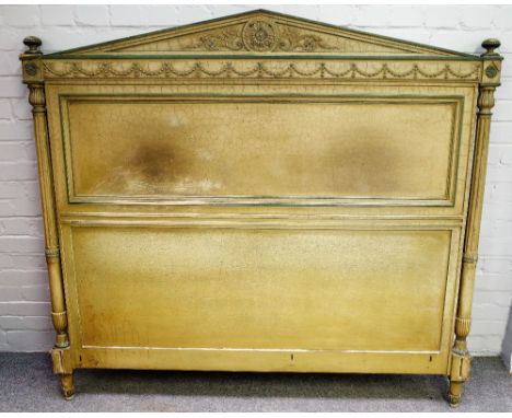 A 19th century French green painted double bed, with architectural headboard and fluted column mounts, 160cm wide x 145cm hig