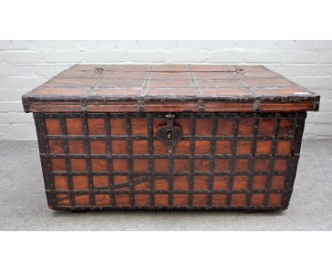 A 19th century Indian iron bound teak rectangular lift top trunk, 106cm wide x 53cm high.