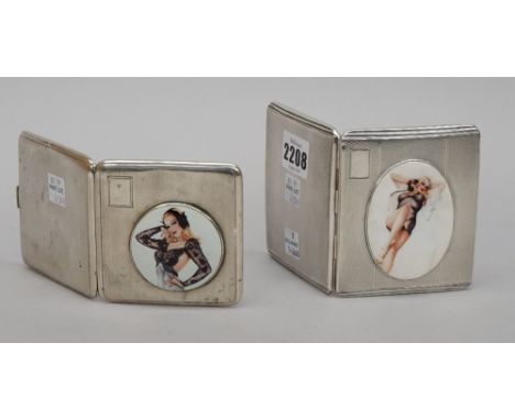 A silver rectangular cigarette case, the lid later applied with an oval enamelled panel depicting the portrait of an erotic l