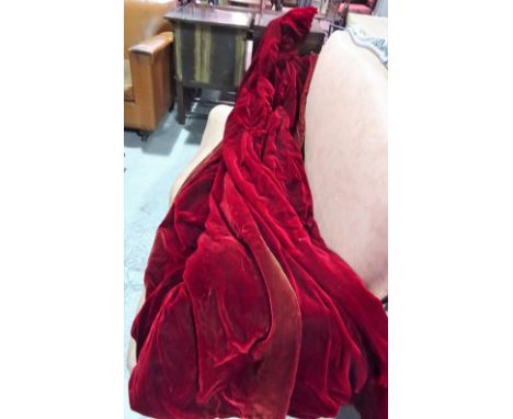 Two pairs of red velvet interlined curtains, 130cm wide x 275cm long and 135cm wide x 275cm long (originally from Sutton Plac